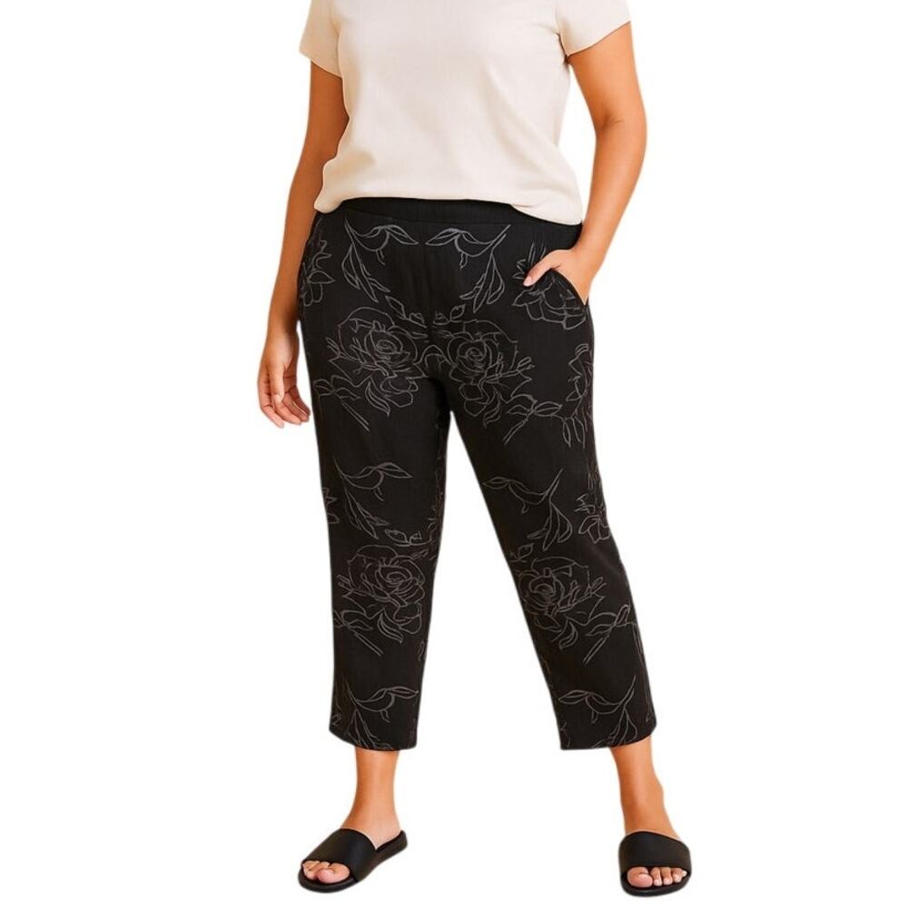 Elements Clemente Brown Linen Pants Floral Print SZ LG/XL Cropped Pull On casual